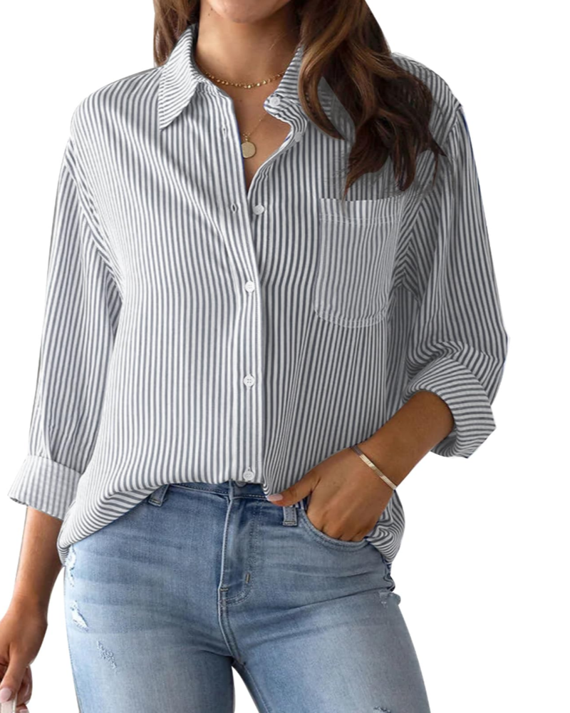 Lauren Camisa de Mujer – Blusa de Algodón a Rayas con Escote en V, Cuello y Mangas Enrollables