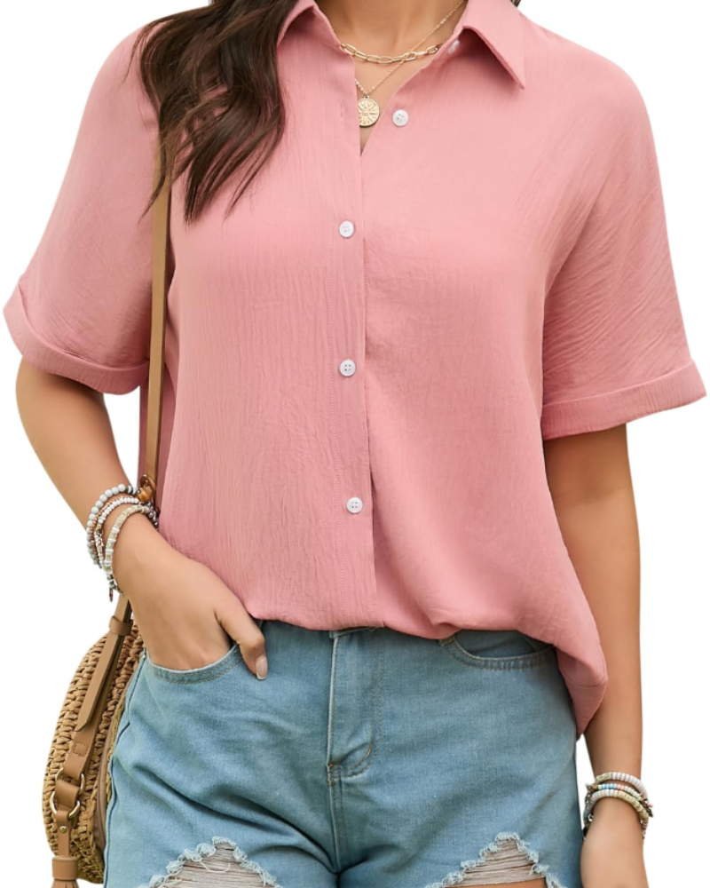 Amelia Chemisier Femme – Blouse d'été en mélange de coton avec col en V et manches courtes