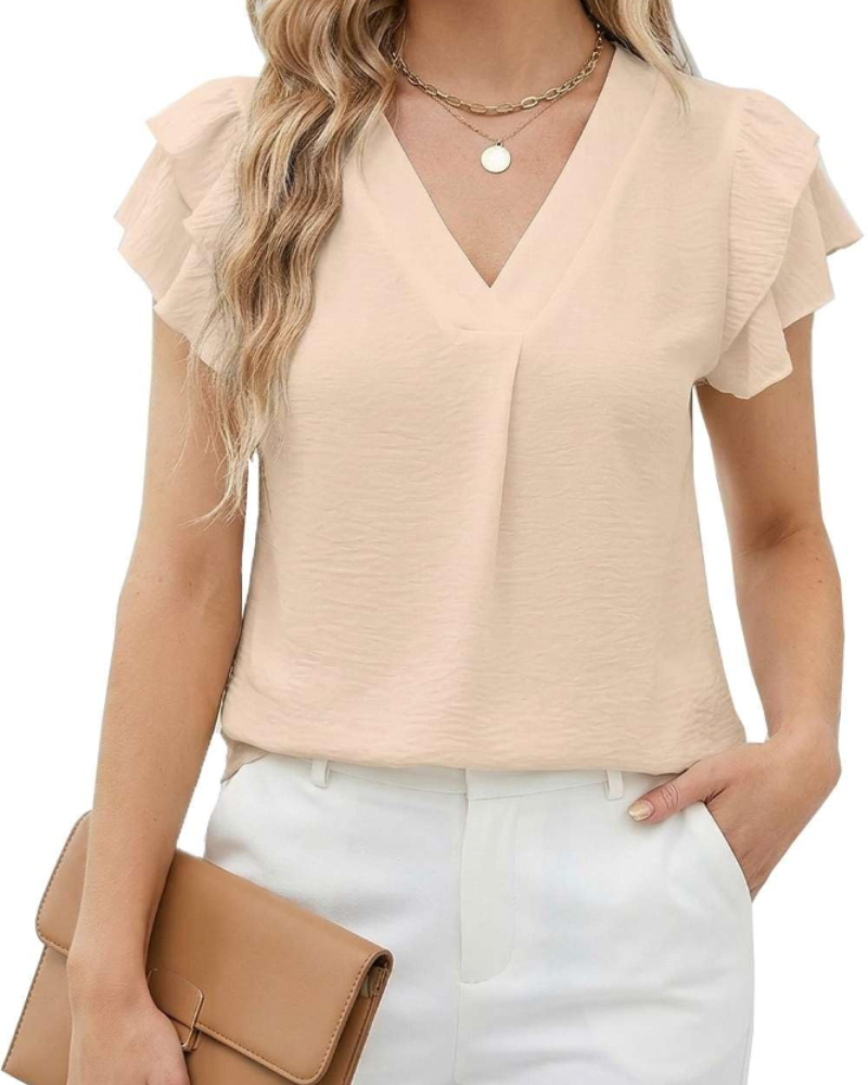 Grace Blusa Donna – Blusa elegante con escote en V, volante frontal y mangas cortas