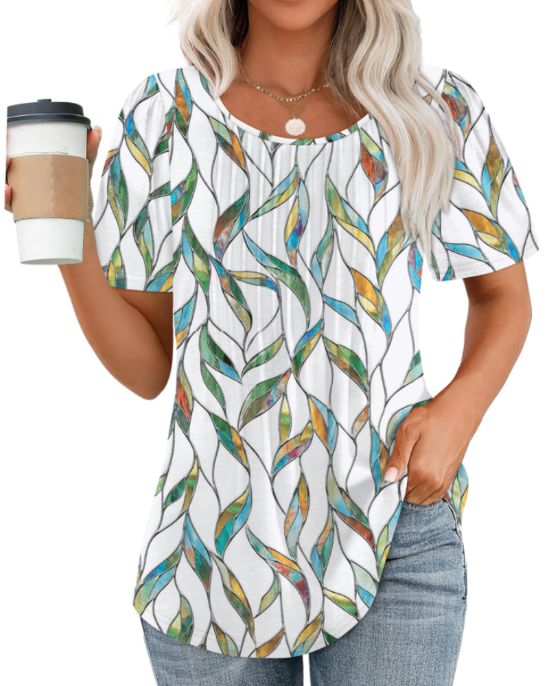 T-shirt Megan pour femme – haut plissé avec col rond, manches bouffantes et coupe ample