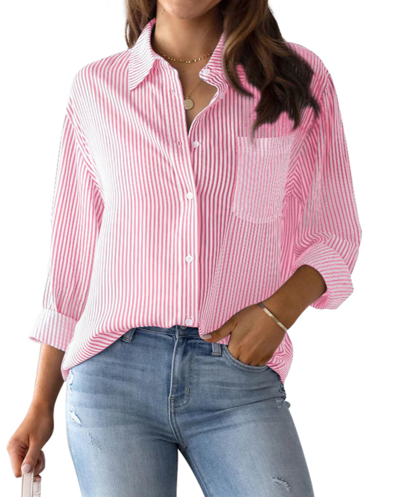 Lauren Women's Shirt – Cotton Striped Blouse with V-Neck, Collar & Roll-Up Sleeves
