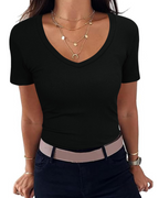 Chloe Women's T-Shirt – Slim Fit Ribbed Top with V-Neck & Short Sleeves