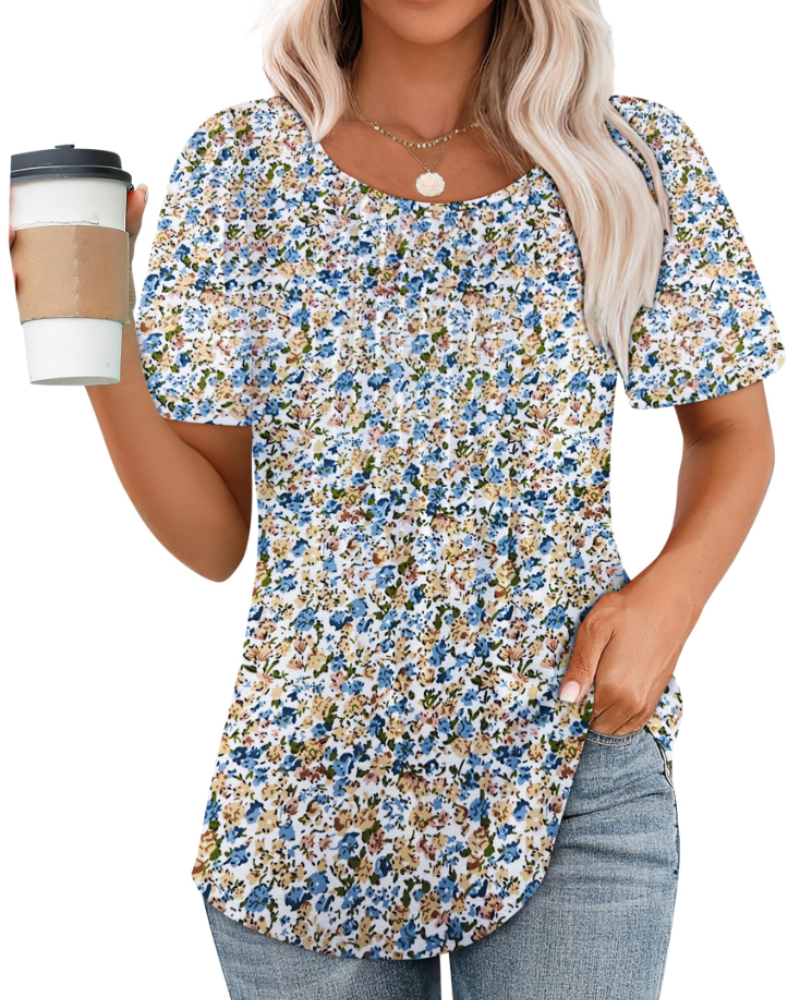 T-shirt Megan pour femme – haut plissé avec col rond, manches bouffantes et coupe ample