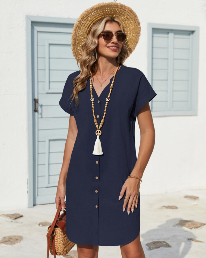 Stella Women's Shirt Dress – Cotton and Linen Dress with Henley Neckline & Buttons
