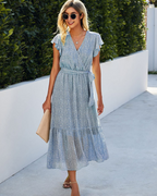 Celine Damen Maxikleid – Boho-Blumenkleid mit V-Ausschnitt, Gürtel und Volants