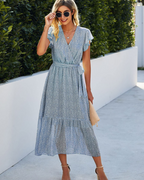 Celine Damen Maxikleid – Boho-Blumenkleid mit V-Ausschnitt, Gürtel und Volants