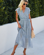 Celine Damen Maxikleid – Boho-Blumenkleid mit V-Ausschnitt, Gürtel und Volants