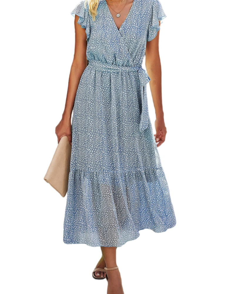 Celine Damen Maxikleid – Boho-Blumenkleid mit V-Ausschnitt, Gürtel und Volants