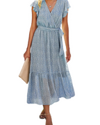 Celine Damen Maxikleid – Boho-Blumenkleid mit V-Ausschnitt, Gürtel und Volants