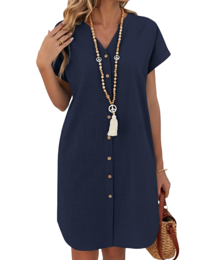 Stella Damen Hemdblusenkleid – Kleid aus Baumwolle und Leinen mit Henley-Ausschnitt und Knöpfen