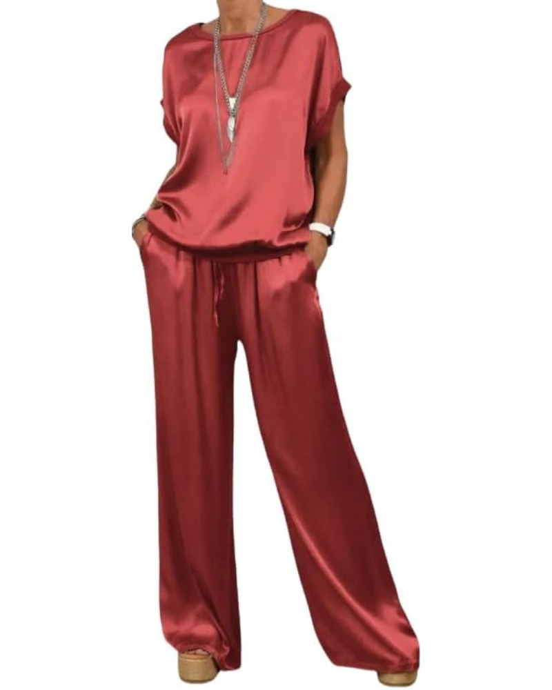 Naomi ensemble complet pour femme en satin – haut à col rond et pantalon palazzo à taille élastique