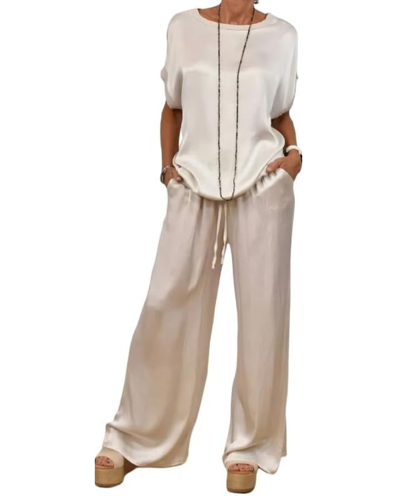 Naomi ensemble complet pour femme en satin – haut à col rond et pantalon palazzo à taille élastique