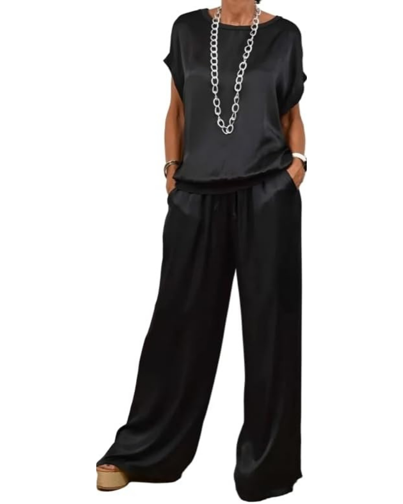 Naomi ensemble complet pour femme en satin – haut à col rond et pantalon palazzo à taille élastique