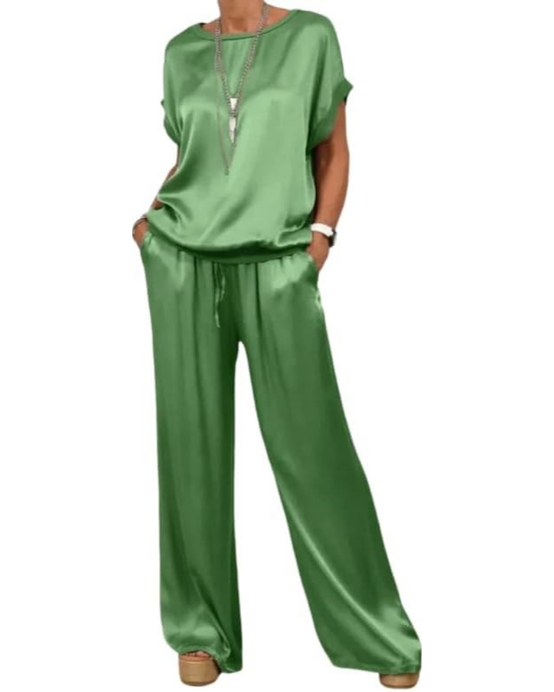 Naomi ensemble complet pour femme en satin – haut à col rond et pantalon palazzo à taille élastique