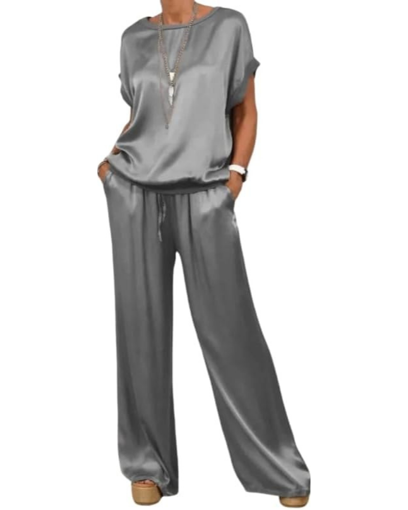 Naomi ensemble complet pour femme en satin – haut à col rond et pantalon palazzo à taille élastique