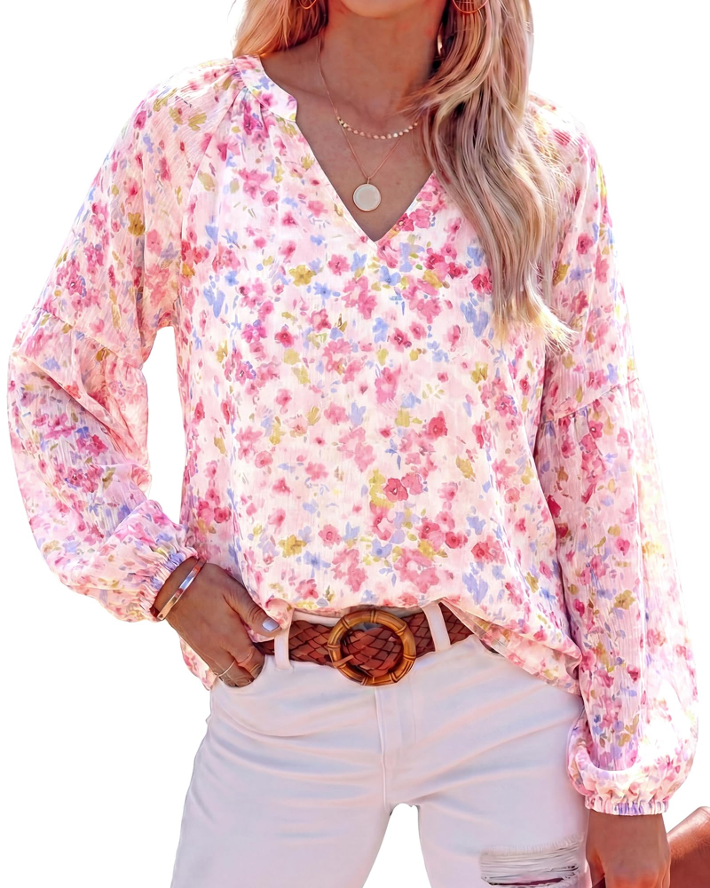 Sophia Damenbluse – Blumenbluse mit V-Ausschnitt und Ballonärmeln