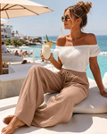 Pantalones Palazzo Emily para mujer – Pantalones de algodón y lino de cintura alta con pierna ancha