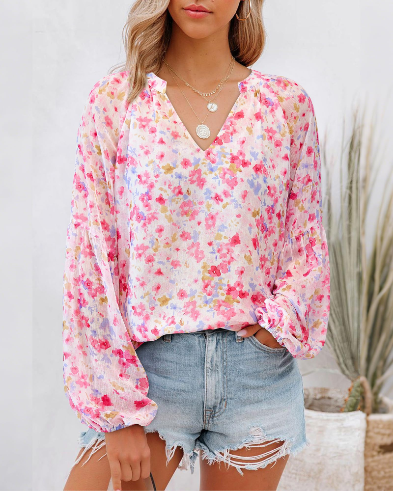 Sophia Damenbluse – Blumenbluse mit V-Ausschnitt und Ballonärmeln