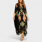 Robe une épaule Luna pour femme – Robe tropicale palmier, longue fluide chic décontracté