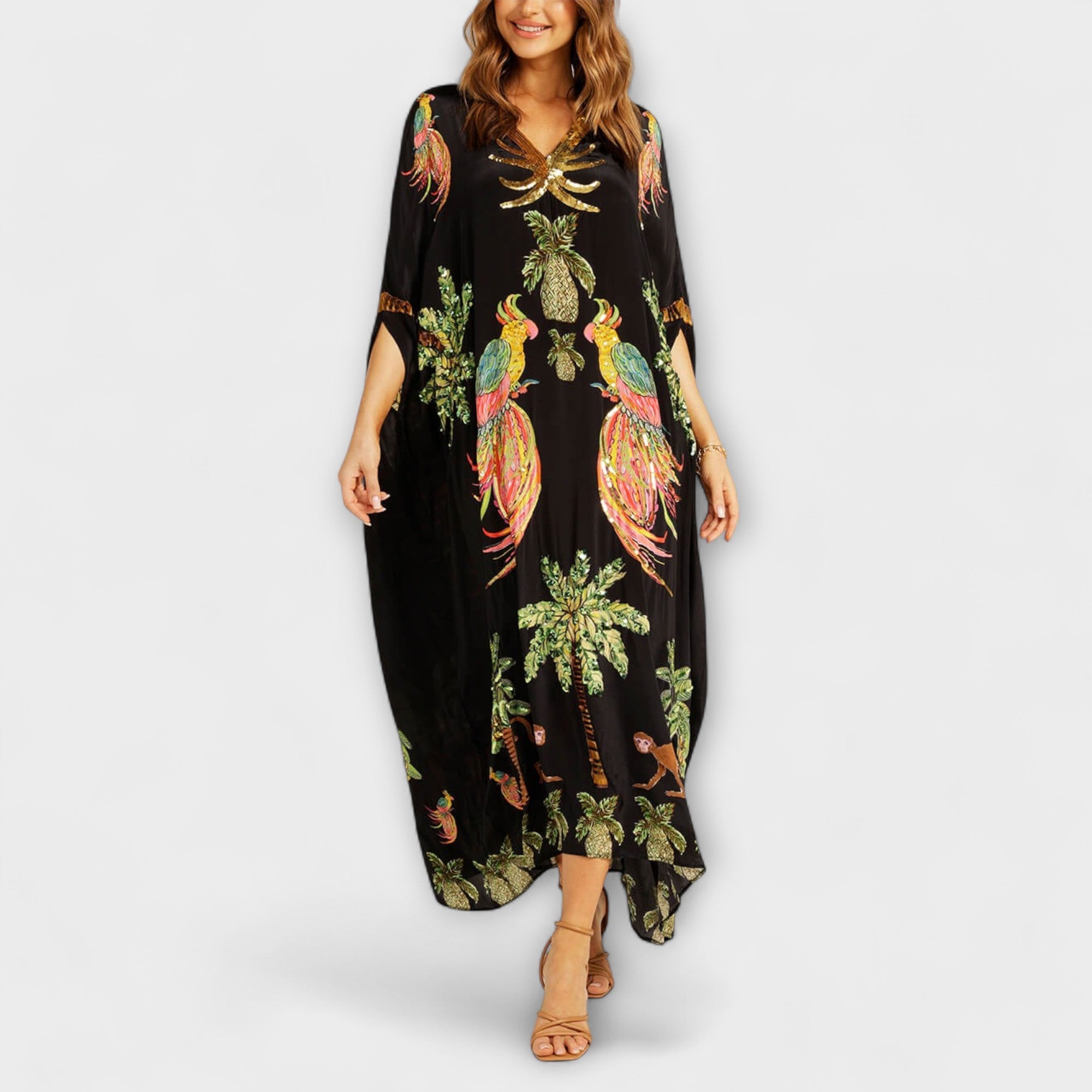 Robe une épaule Luna pour femme – Robe tropicale palmier, longue fluide chic décontracté