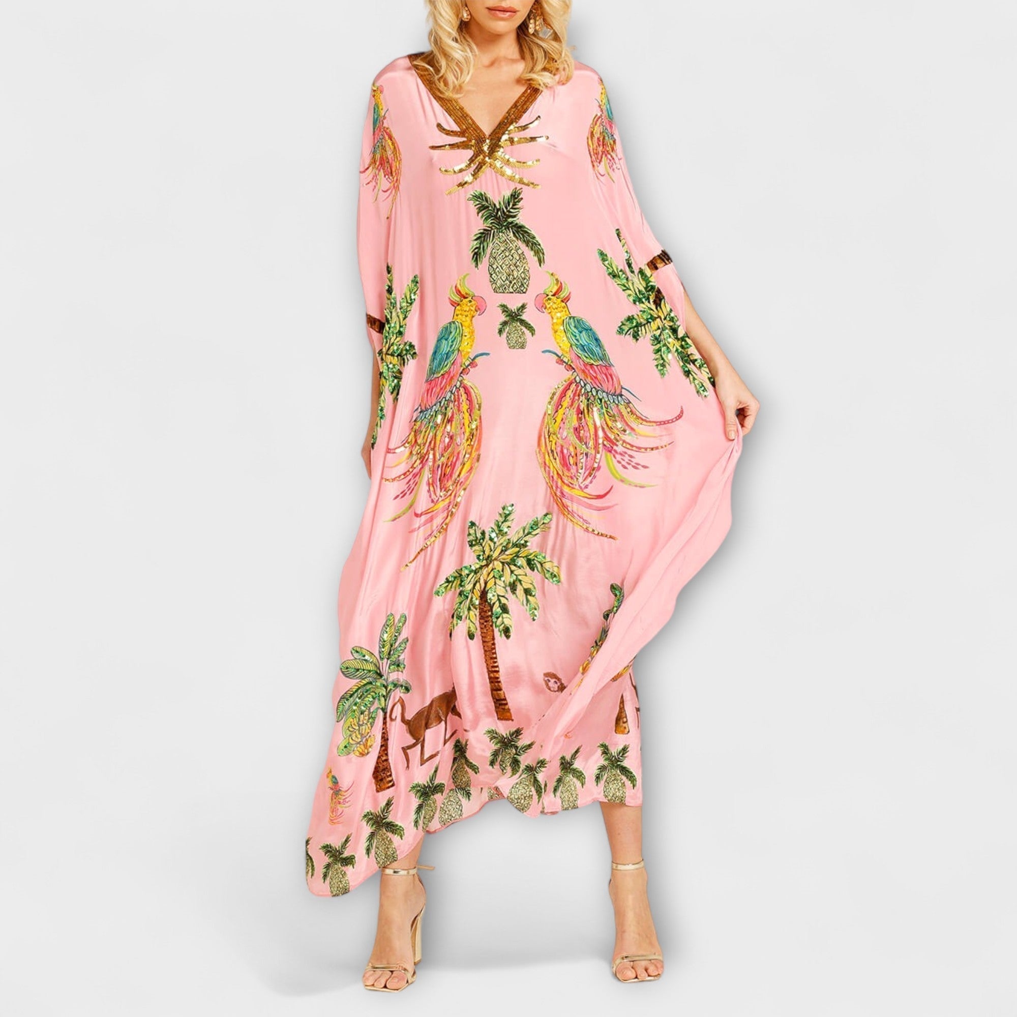 Robe une épaule Luna pour femme – Robe tropicale palmier, longue fluide chic décontracté