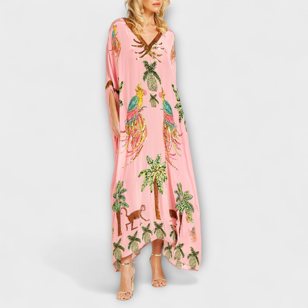 Robe une épaule Luna pour femme – Robe tropicale palmier, longue fluide chic décontracté