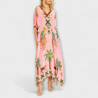 Robe une épaule Luna pour femme – Robe tropicale palmier, longue fluide chic décontracté