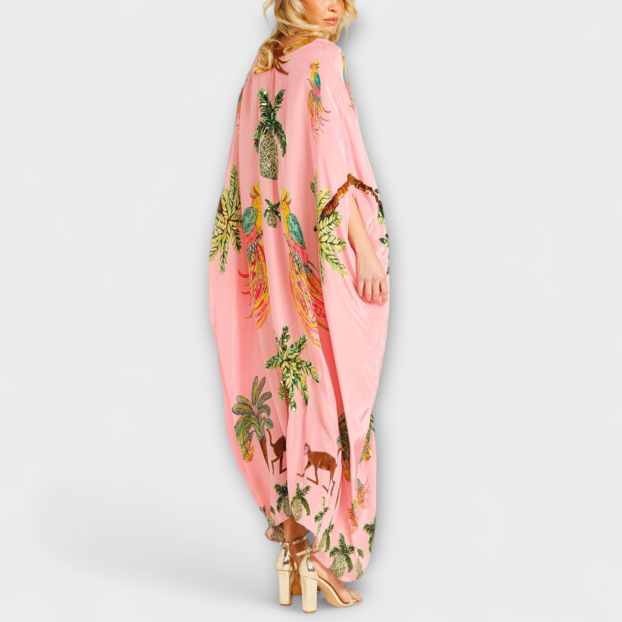 Robe une épaule Luna pour femme – Robe tropicale palmier, longue fluide chic décontracté