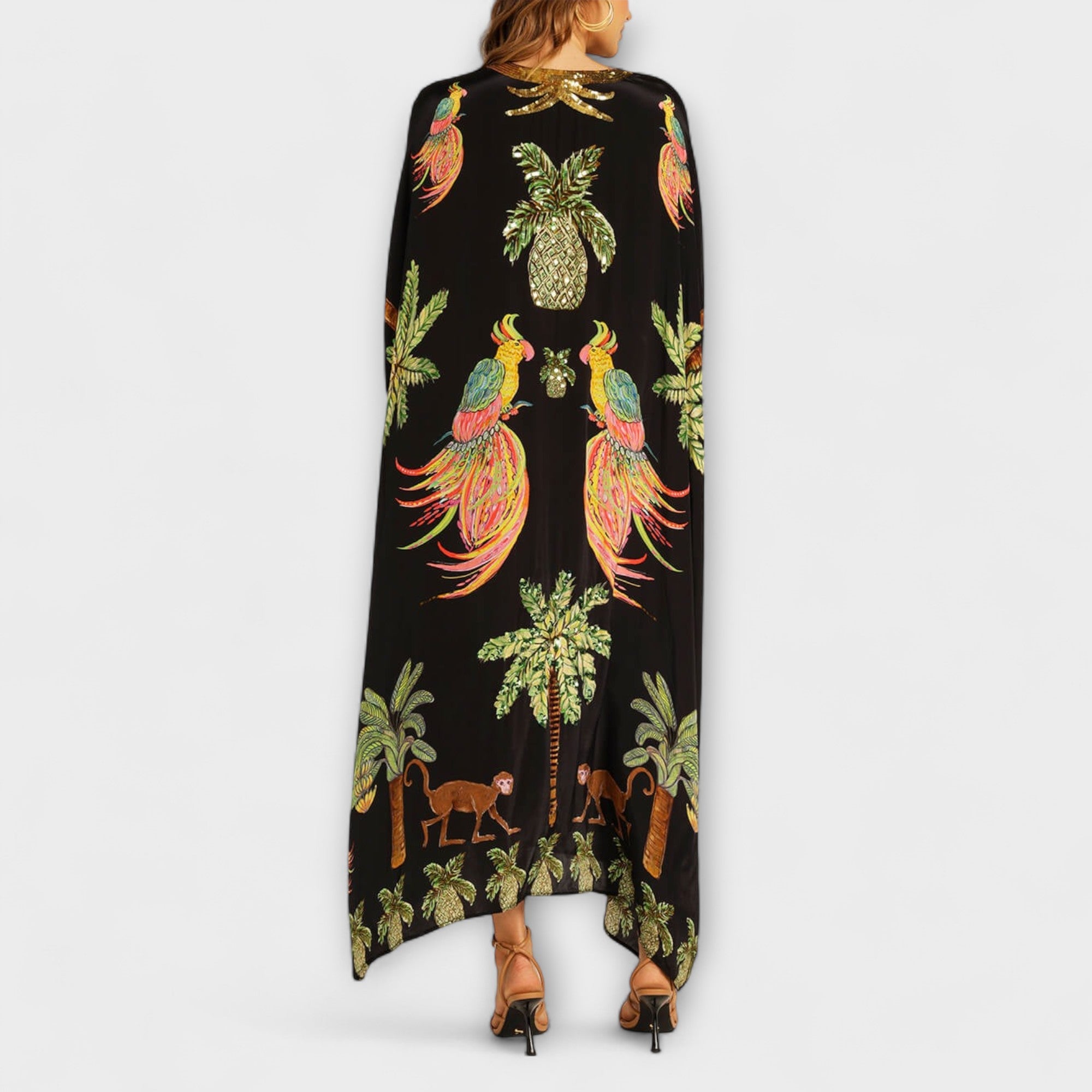 Robe une épaule Luna pour femme – Robe tropicale palmier, longue fluide chic décontracté