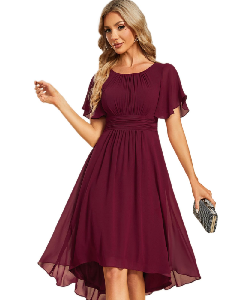Claire Abito Elegante Donna – Vestido Midi de Chifón en línea A con mangas cortas y escote redondo