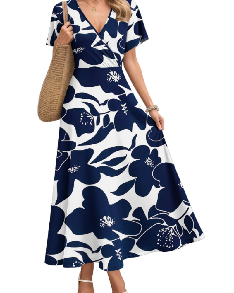 Robe longue imprimée pour femme Audrey – Col en V, manches courtes et coupe fluide