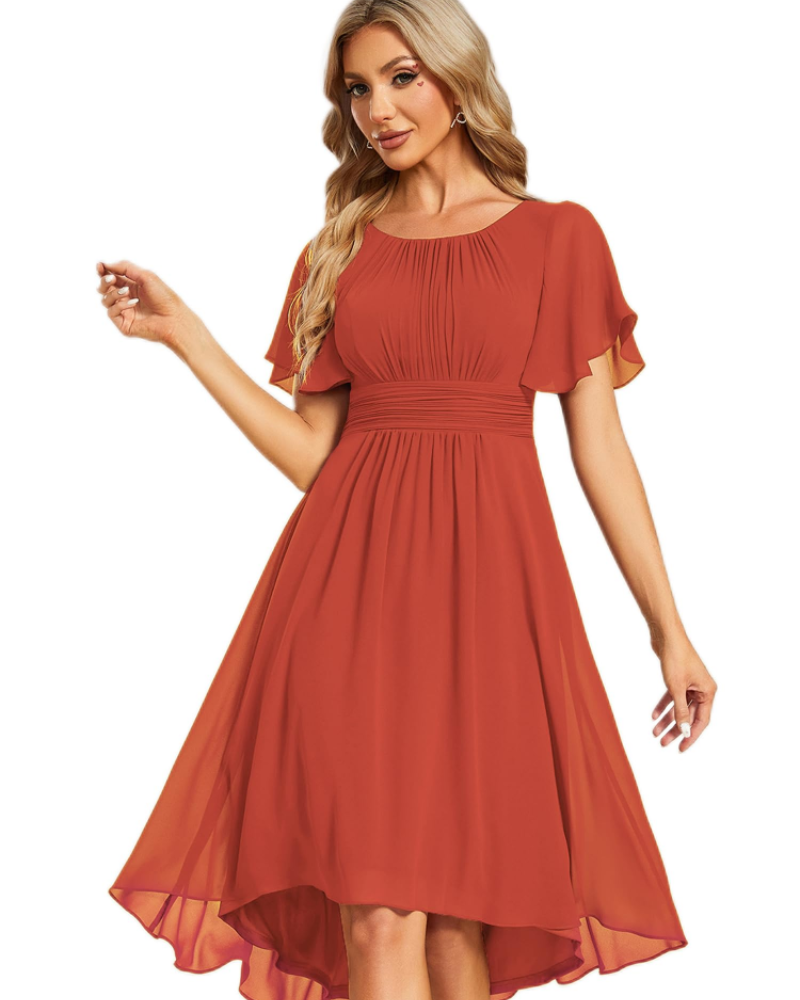 Claire Abito Elegante Donna – Vestido Midi de Chifón en línea A con mangas cortas y escote redondo