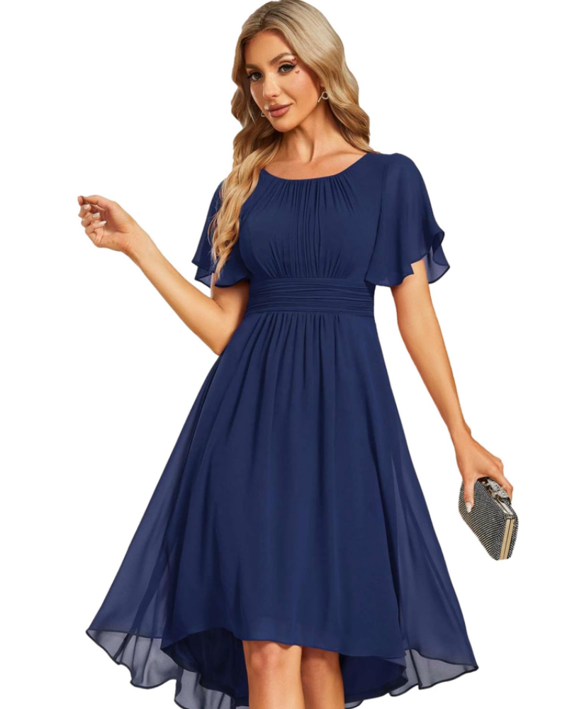 Claire Abito Elegante Donna – Vestido Midi de Chifón en línea A con mangas cortas y escote redondo
