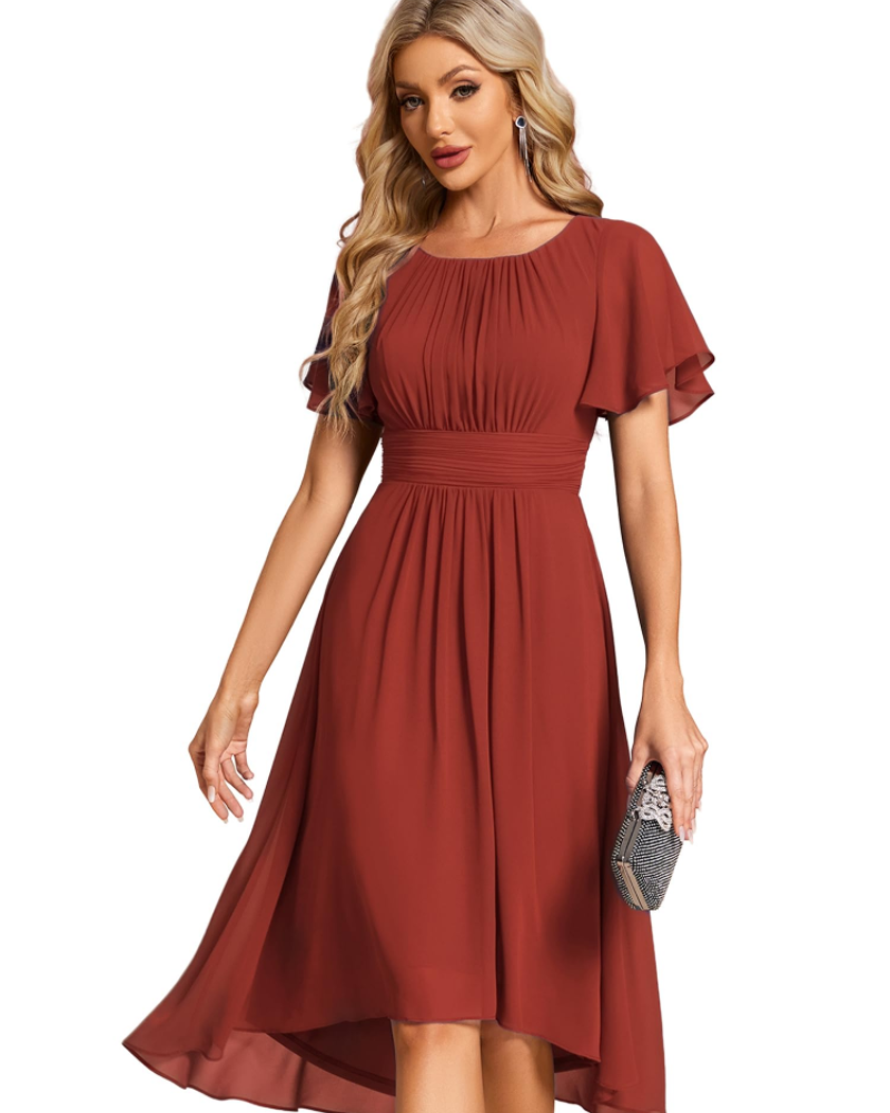Claire Abito Elegante Donna – Vestido Midi de Chifón en línea A con mangas cortas y escote redondo