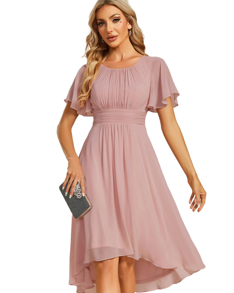 Claire Abito Elegante Donna – Vestido Midi de Chifón en línea A con mangas cortas y escote redondo
