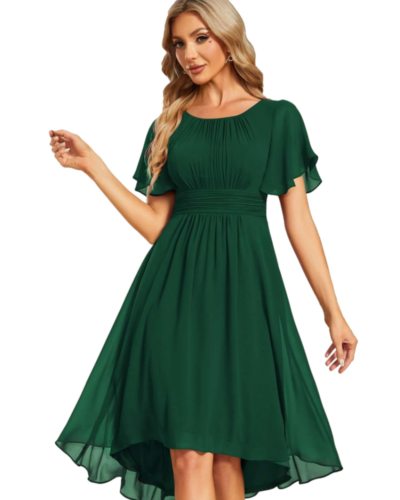 Claire Abito Elegante Donna – Vestido Midi de Chifón en línea A con mangas cortas y escote redondo