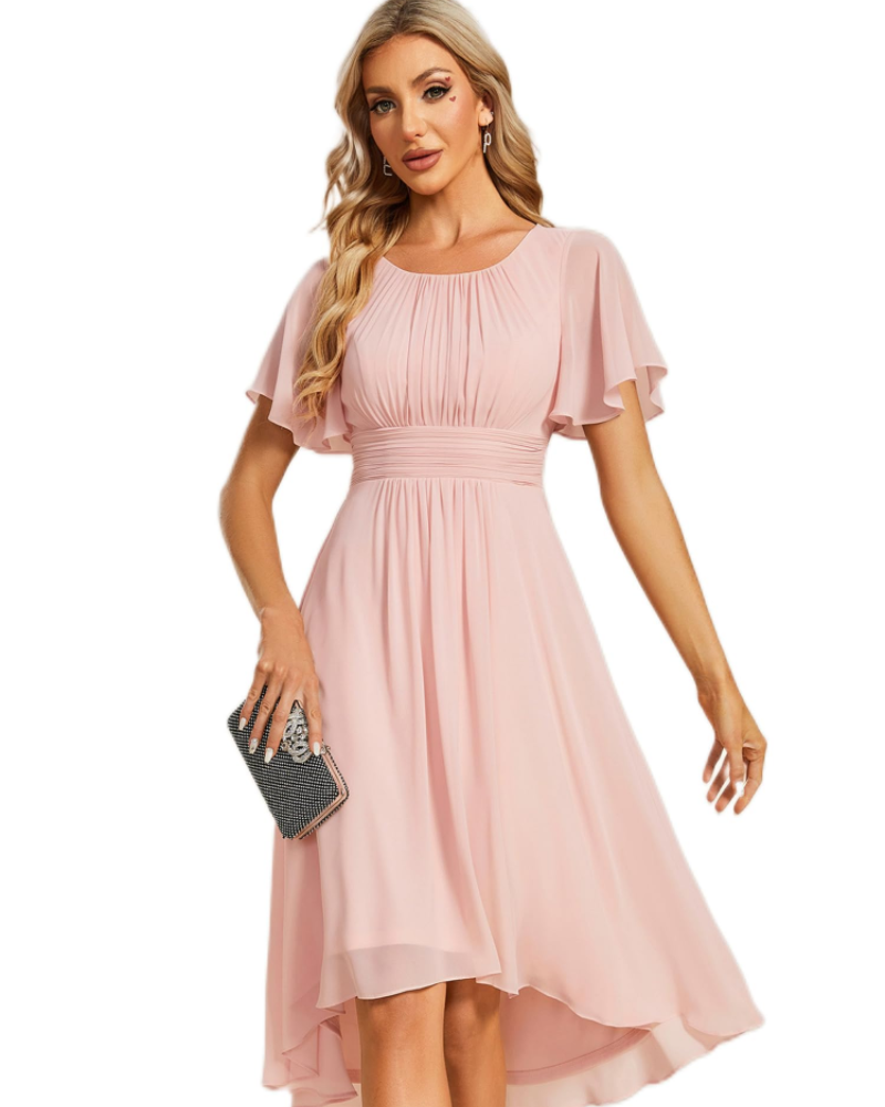 Claire Abito Elegante Donna – Vestido Midi de Chifón en línea A con mangas cortas y escote redondo