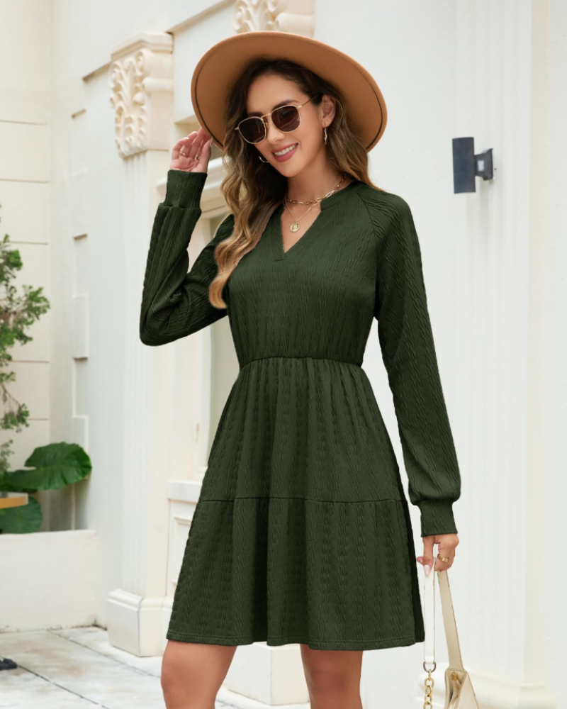 Hazel Women's Dress – Midi A-Line Dress with V-Neck, Pockets & Elastic Waist
