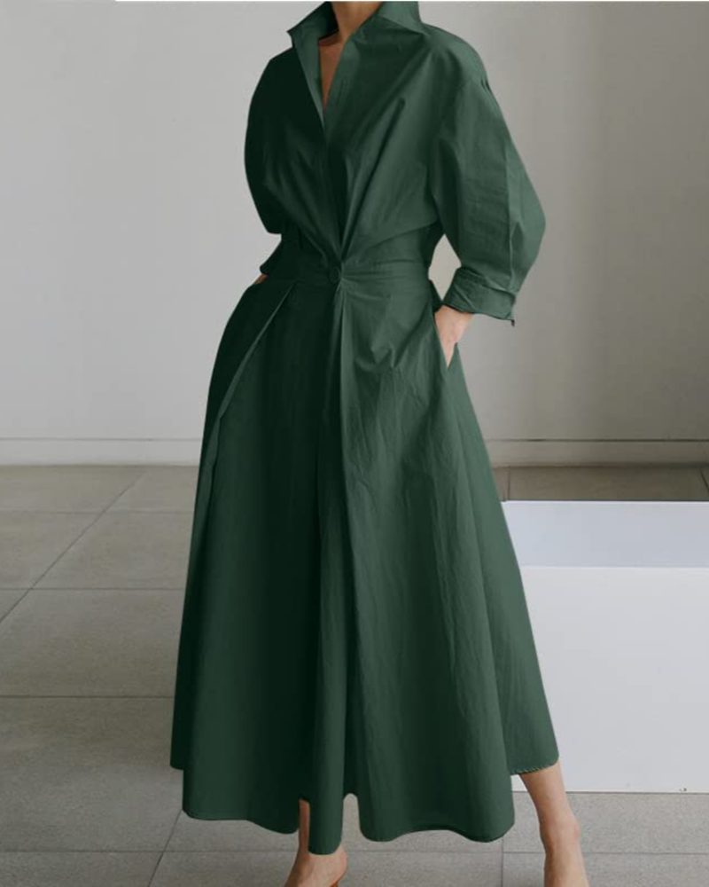 Penelope Women's Dress – Maxi Shirt Dress with Buttons, Collar, Pockets & Elastic Waist