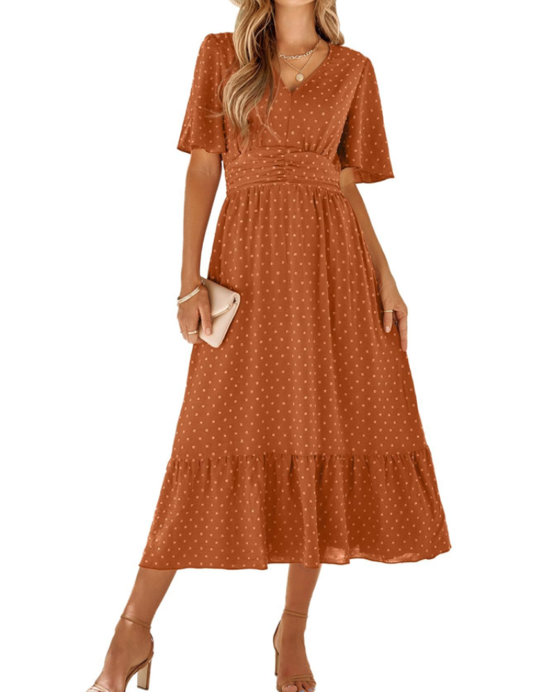 Aubrey Damen Maxikleid – V-Ausschnitt, Volantärmel & Swiss-Dot-Muster