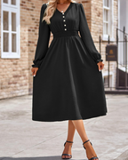 Lily Women's Dress – Midi Dress with V-Neck, Elastic Waist & Long Sleeves