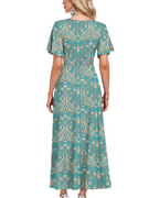 Audrey Women's Dress – Printed Maxi Dress with V-Neck, Short Sleeves & Flowing Silhouette