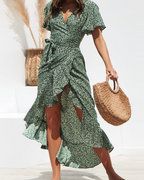 Isabella Abito Donna – Maxi Dress Floreale Verde con Incrocio, Maniche Svasate & Cintura