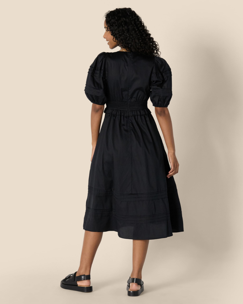 Charlotte Robe Femme – Robe Midi en Coton Satiné avec Manches Bouffantes et Coupe Évasée