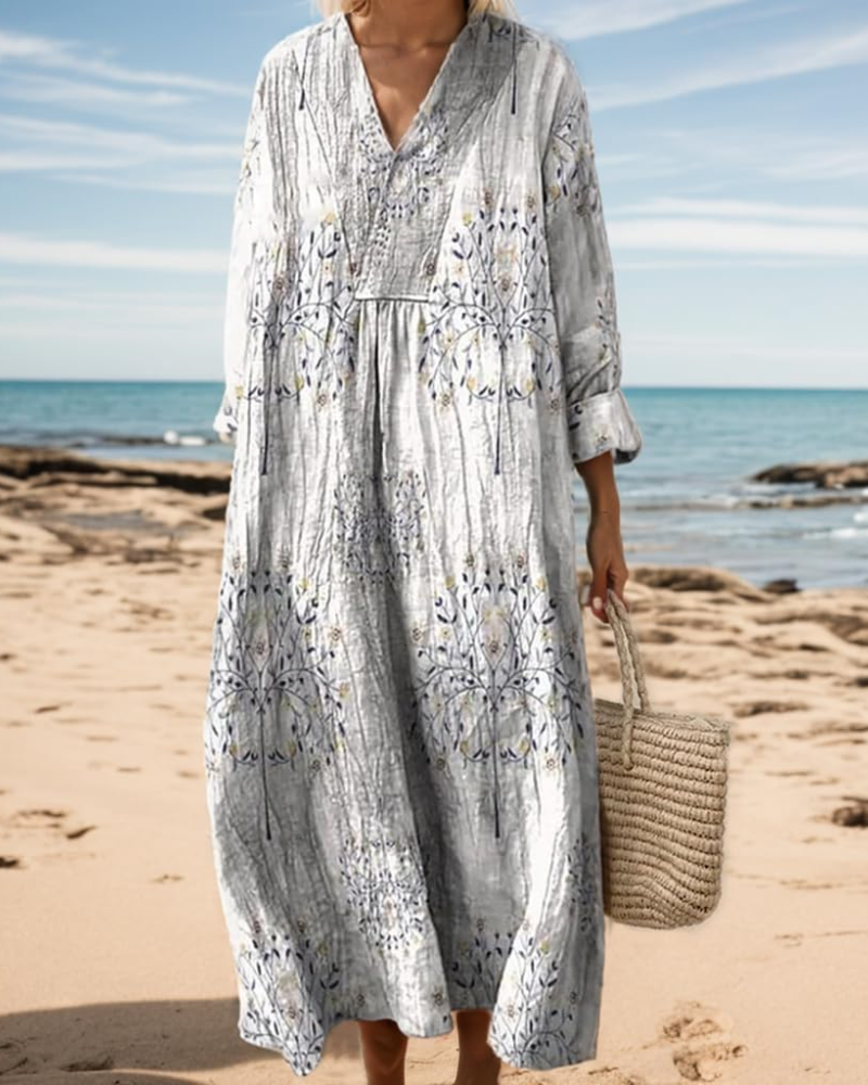 Natalie Abito Donna – Midikleid im Boho-Stil mit V-Ausschnitt, langen Ärmeln und leichtem Stoff