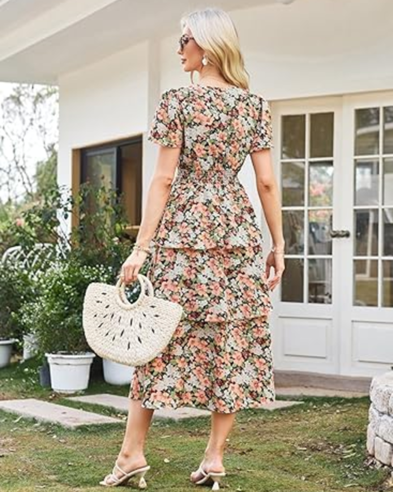 Scarlett Abito Donna – Vestito Floreale A-Line con Scollo a V, Vita Elasticizzata & Maniche Corte