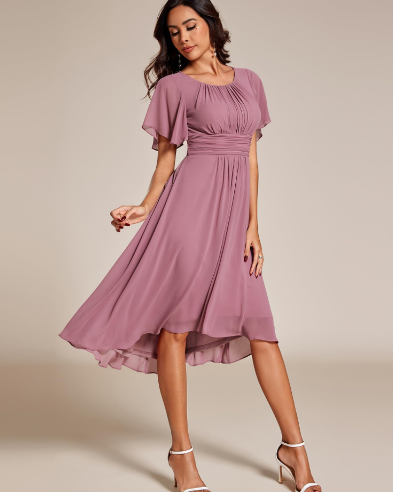 Claire Abito Elegante Donna – Midi šaty z šifónu ve tvaru A s krátkými rukávy a kulatým výstřihem