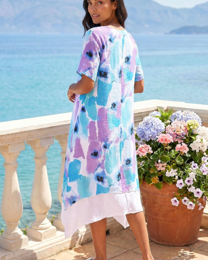 Isabelle Abito Donna – Φόρεμα Shift με Αφηρημένο Διπλό Στρώμα, Στρογγυλή Λαιμόκοψη και Κοντά Μανίκια