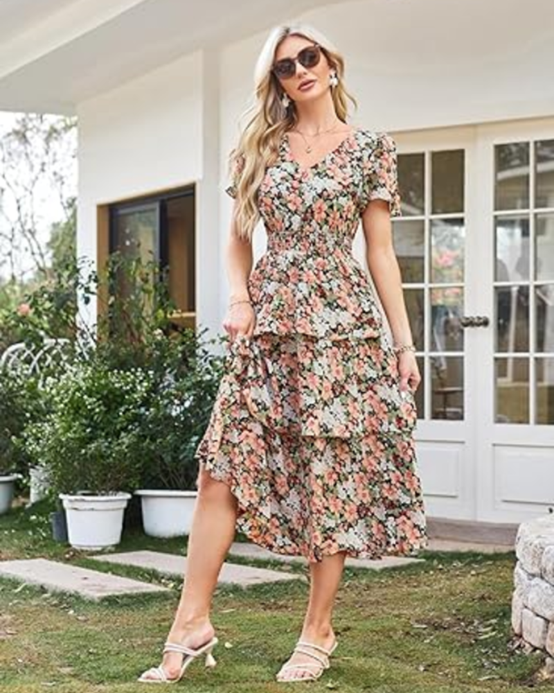 Scarlett Abito Donna – Vestito Floreale A-Line con Scollo a V, Vita Elasticizzata & Maniche Corte