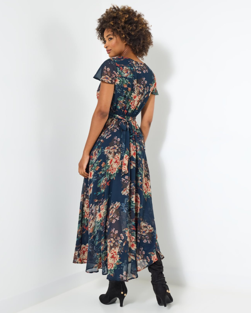 Elena Abito Donna – Vestito Floreale in Georgette con Scollo a V, Cintura & Orlo Asimmetrico